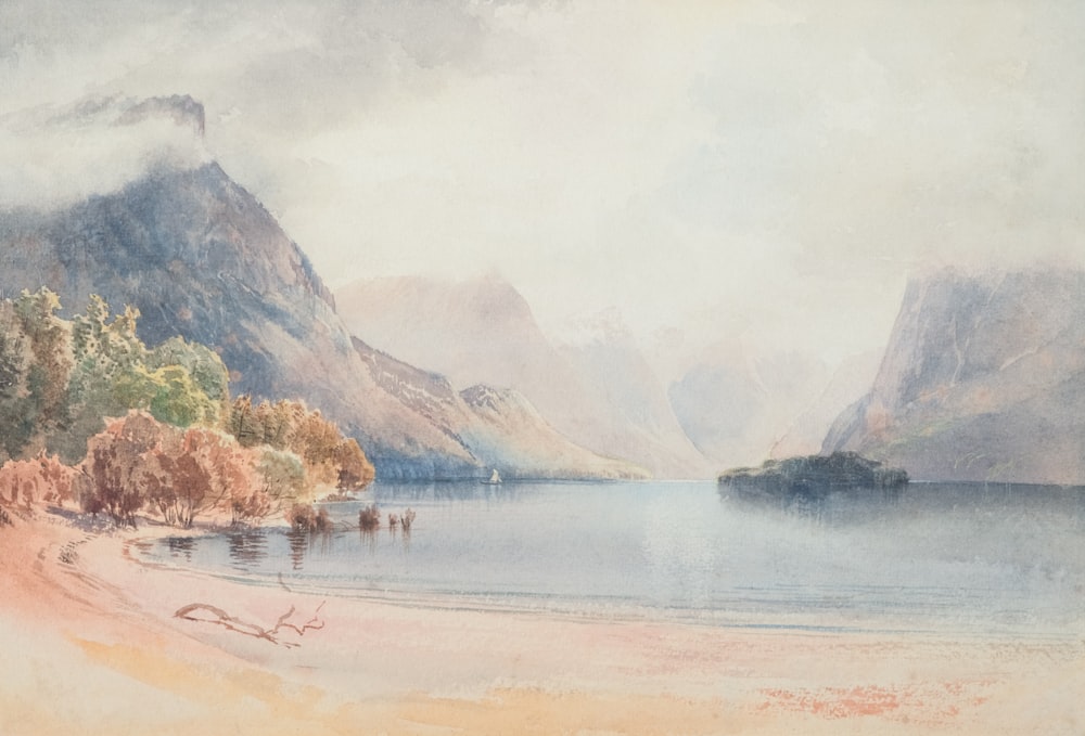 a painting of a lake with mountains in the background