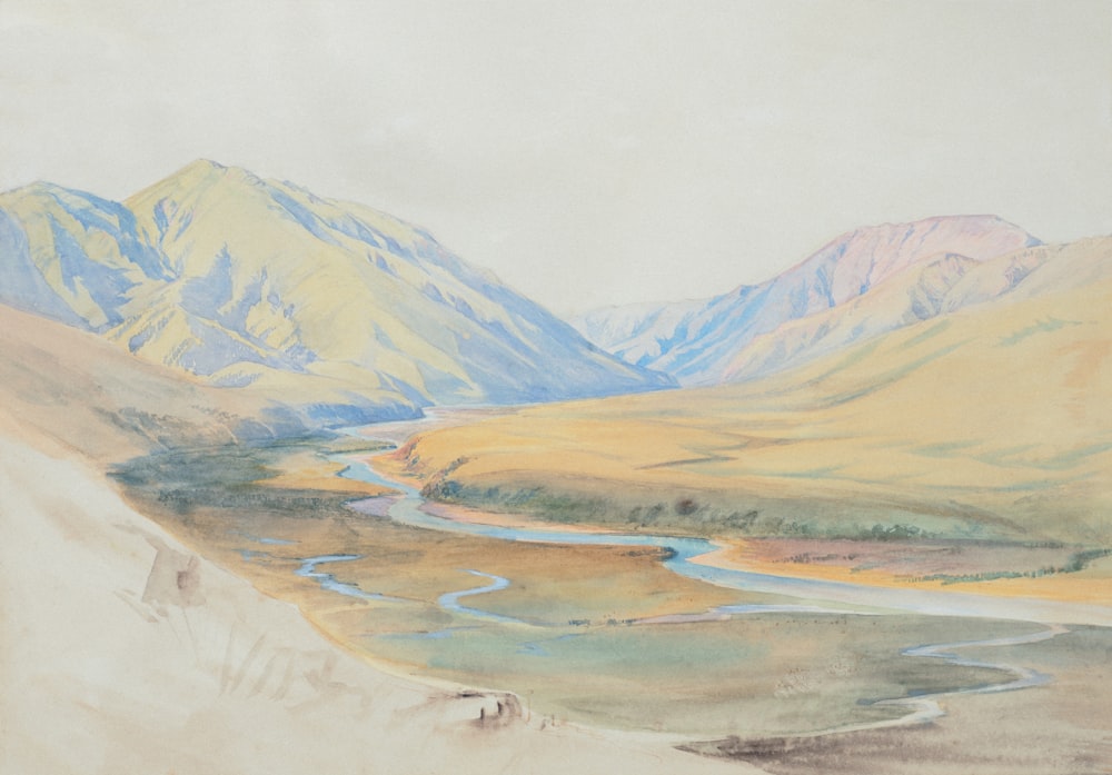 a painting of a valley with mountains in the background