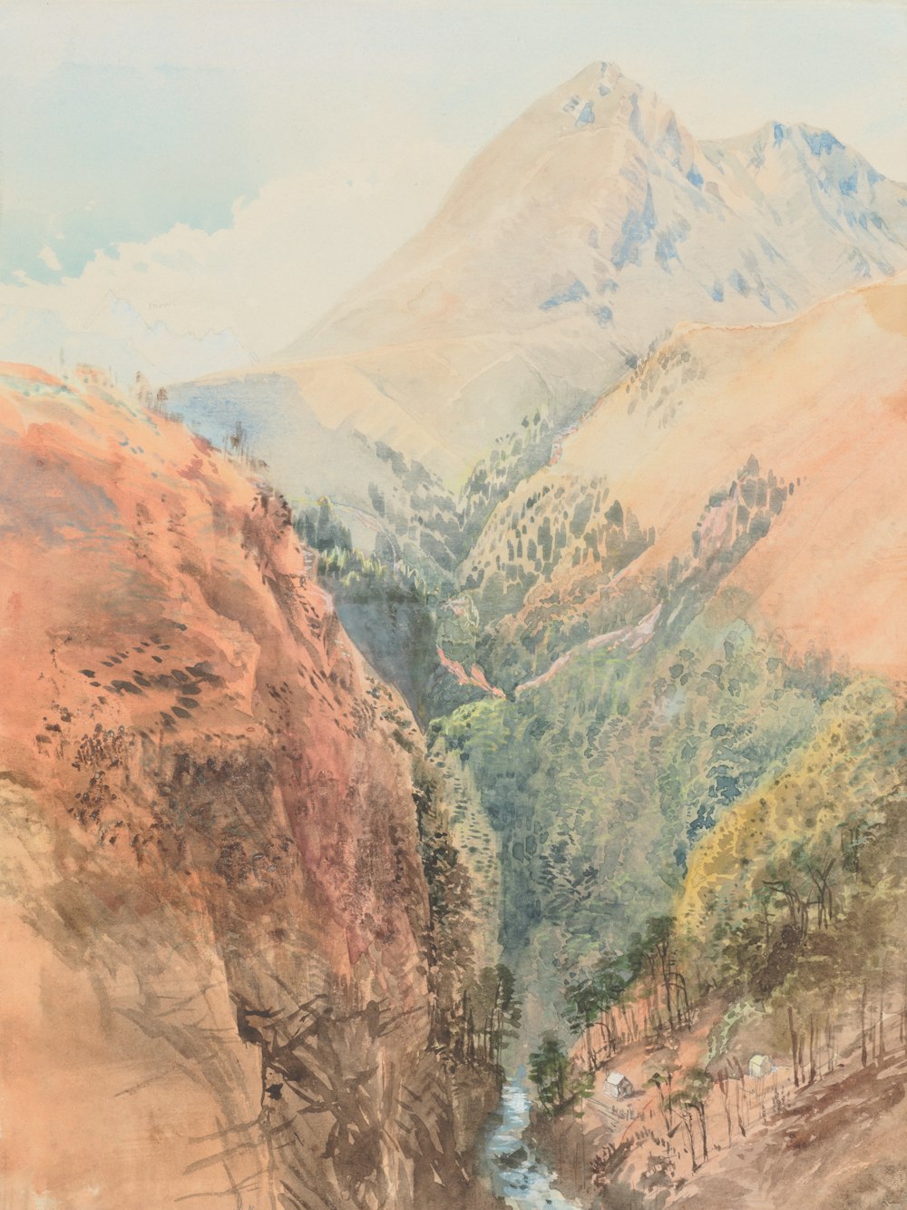 a painting of a mountain scene with a stream