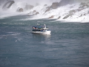 A tour boat filled with passengers sails on a wide river near cascading waterfalls. The water is turbulent, and mist rises from where the falls crash into the river, creating a dramatic backdrop. Seagulls fly around the scene, adding to the sense of motion and activity.