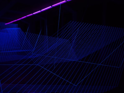 A glowing neural grid with intersecting lines and nodes pulsating softly in blue and purple hues
