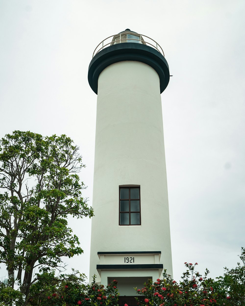 a white and black light house surrounded by trees