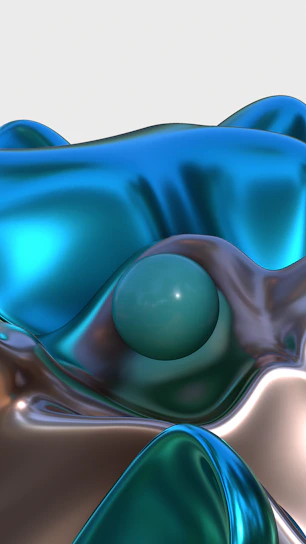 Abstract geometric shape with smooth metallic surfaces glowing softly under neon light