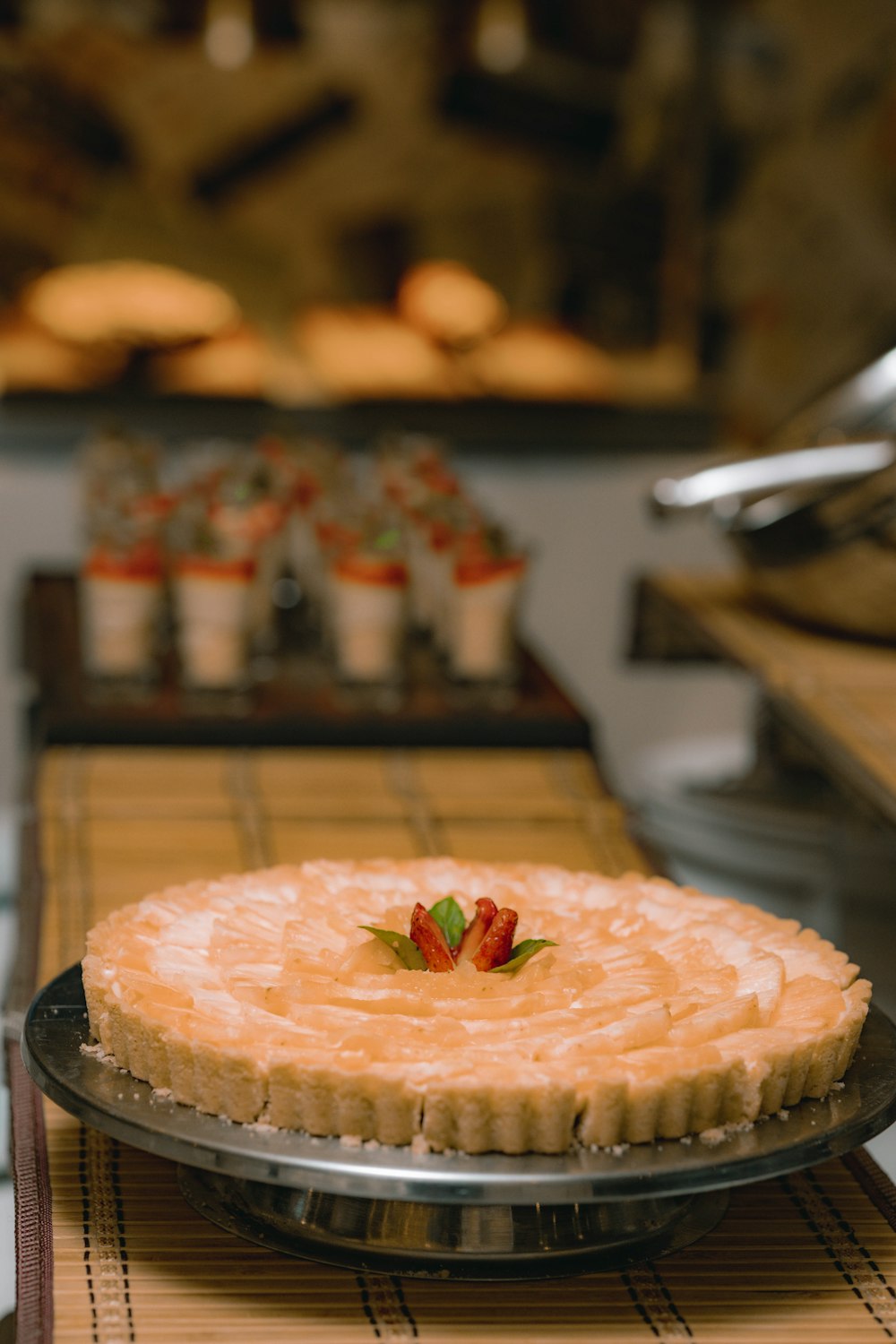 a pie sitting on top of a pan on top of a counter