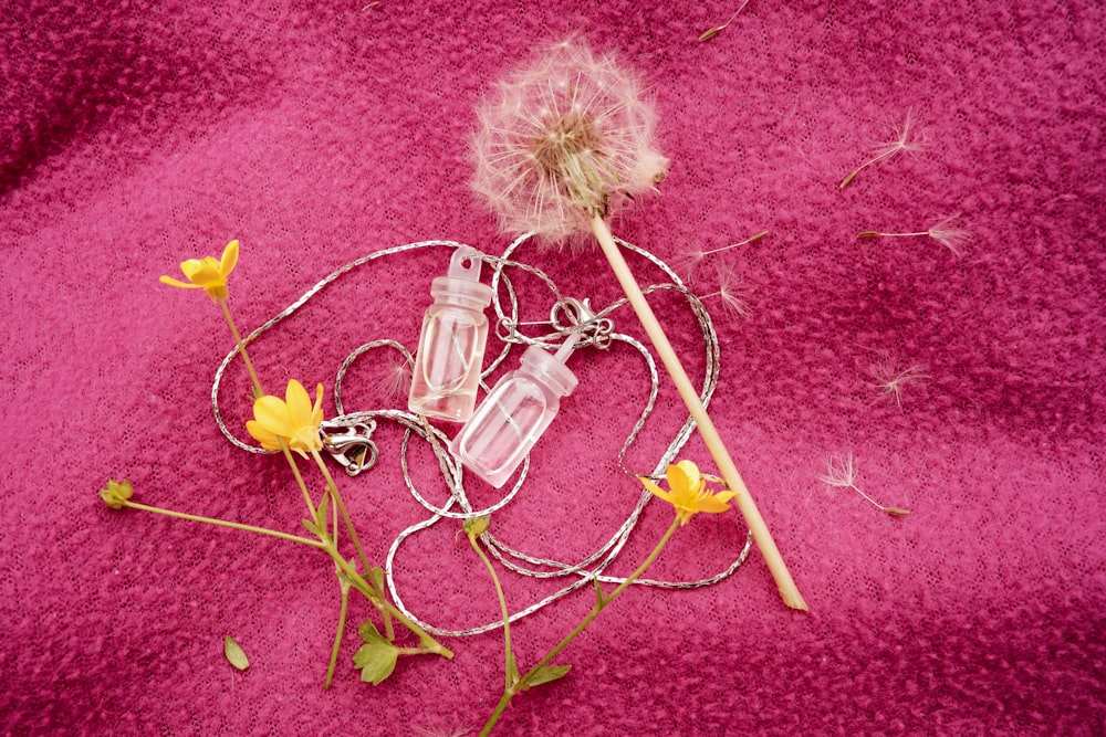a dandelion and a bottle of perfume on a pink background