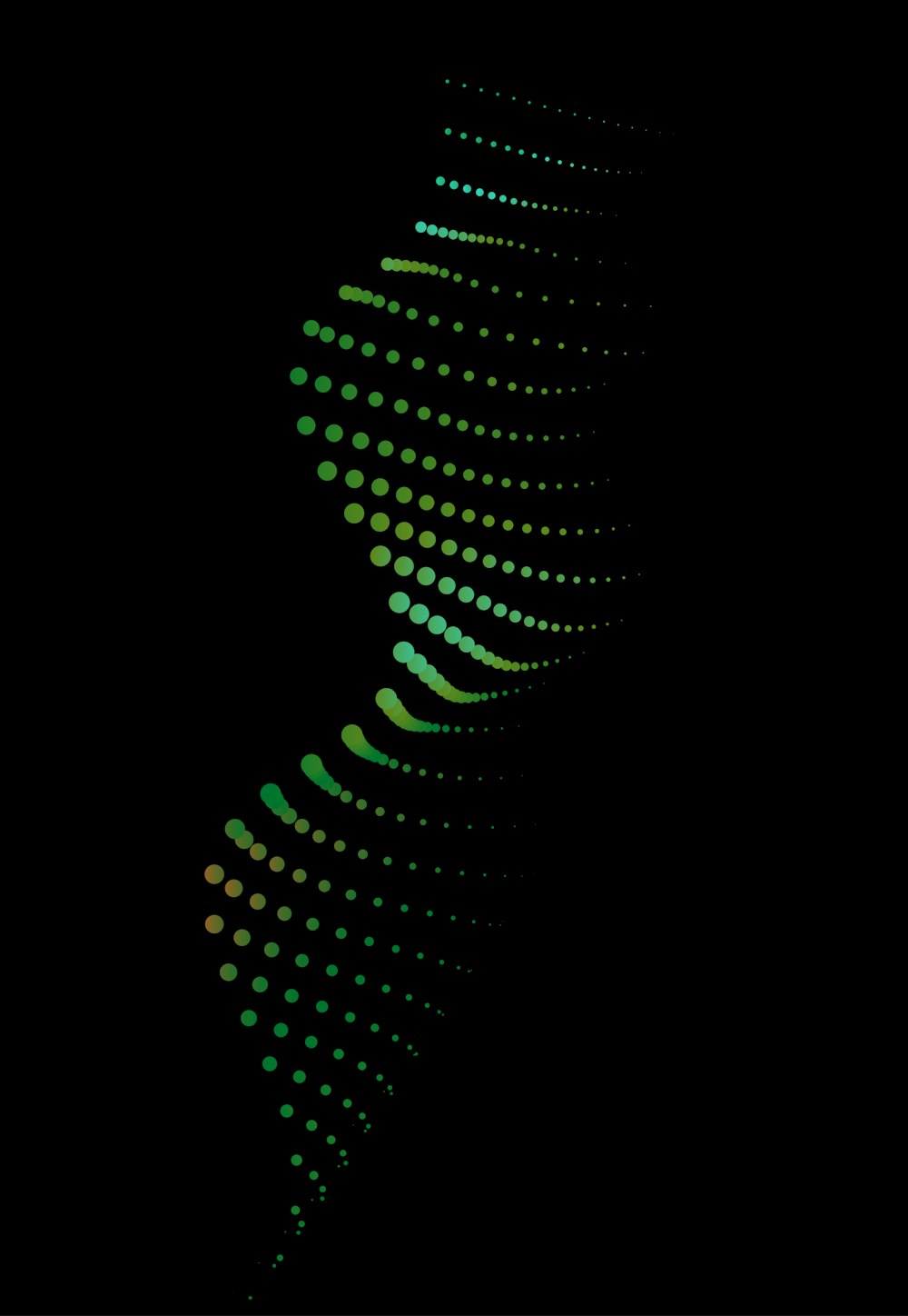 a black background with green and yellow dots