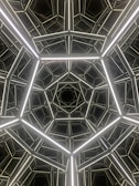 Geometric pattern featuring interconnected luminous lines forming pentagon shapes, creating a tunnel-like effect with depth and symmetry.
