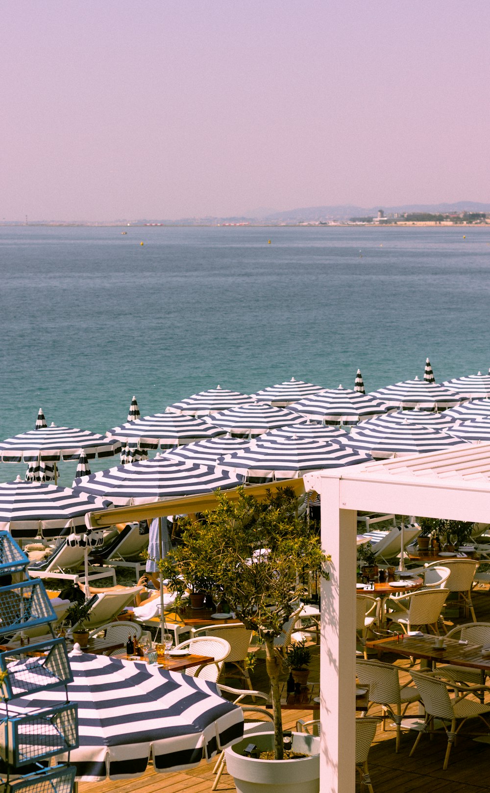 a bunch of umbrellas that are by the water