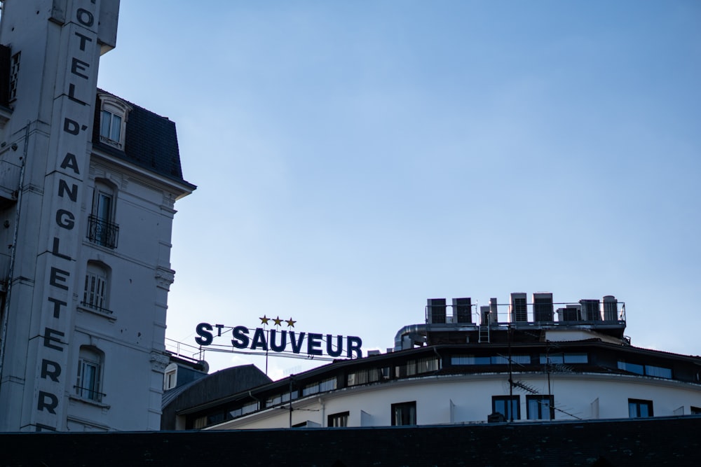 a tall building with a sign on top of it