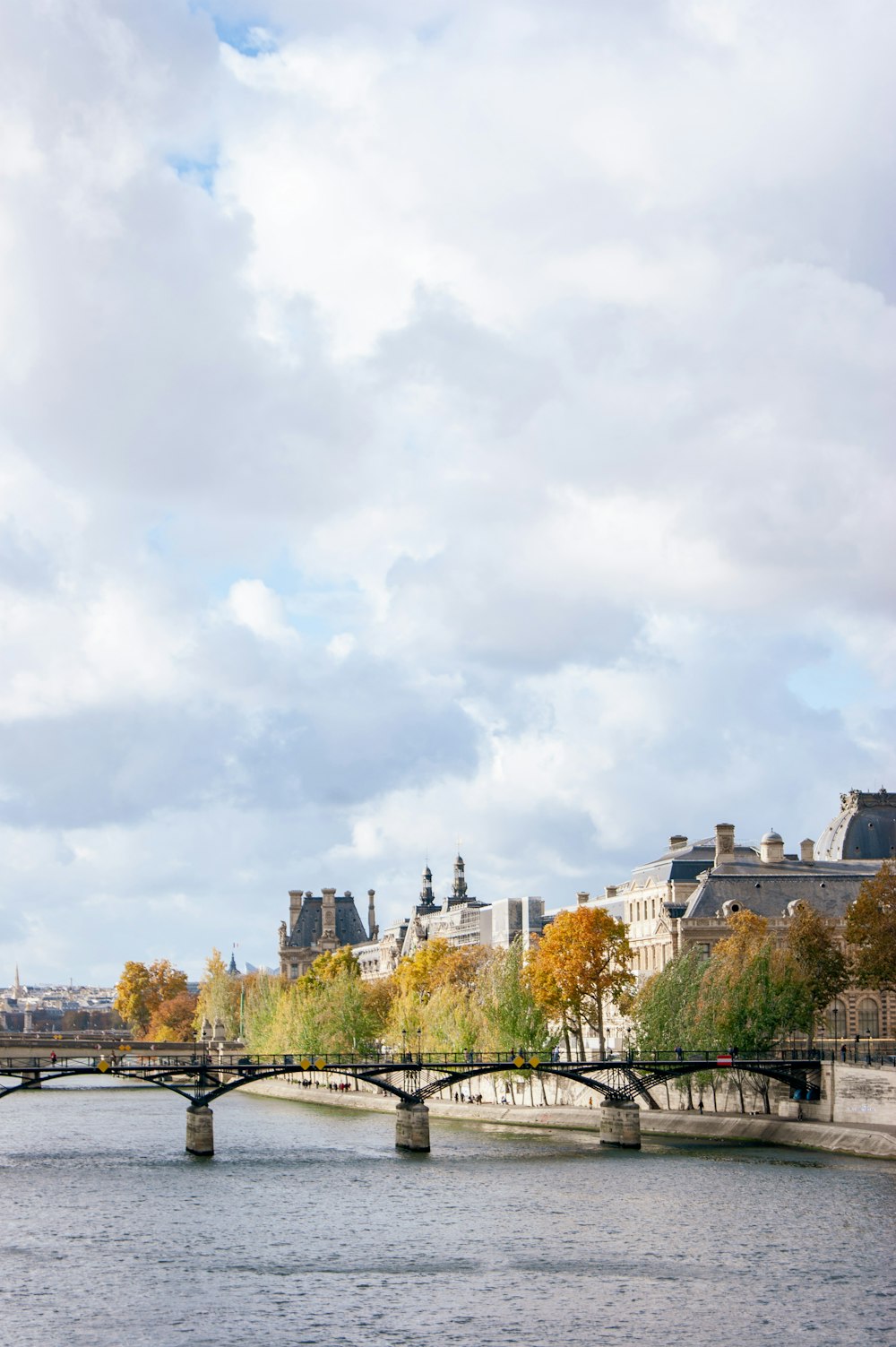 a bridge over a body of water with buildings in the background