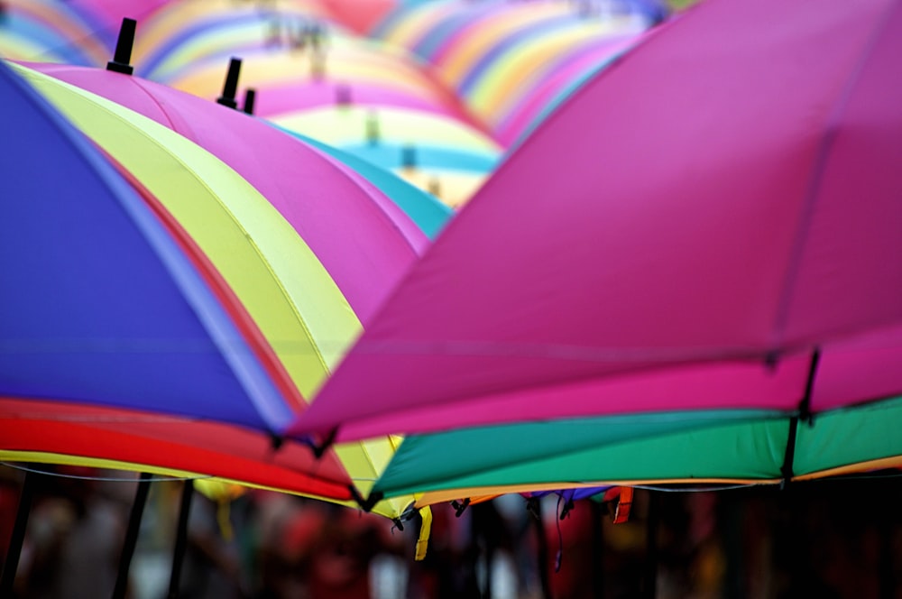 Un groupe de parapluies colorés suspendus dans une rangée