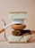 A balanced arrangement of cleaning tools including a white-handled brush, natural fibers, and two thick sponges with contrasting textures.