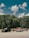 Three vehicles are parked on a paved area in front of a dense forest under a sky with scattered clouds. The first vehicle from the left is a black SUV, the second is a vintage red and white pickup truck towing a trailer, and the third is a dark-colored pickup truck also towing a trailer.