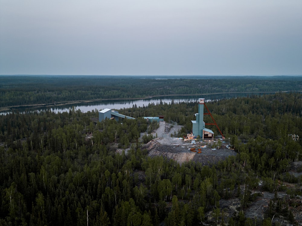 an aerial view of a forest with a lake in the background