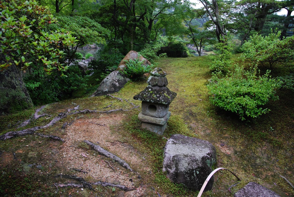 地面に苔が生えている石庭