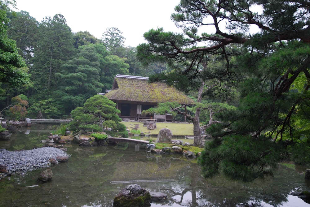 池と家のある日本庭園