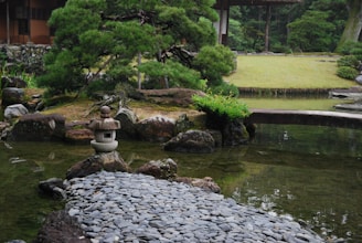A peaceful Japanese garden with stone lanterns and a koi pond beside the residence.