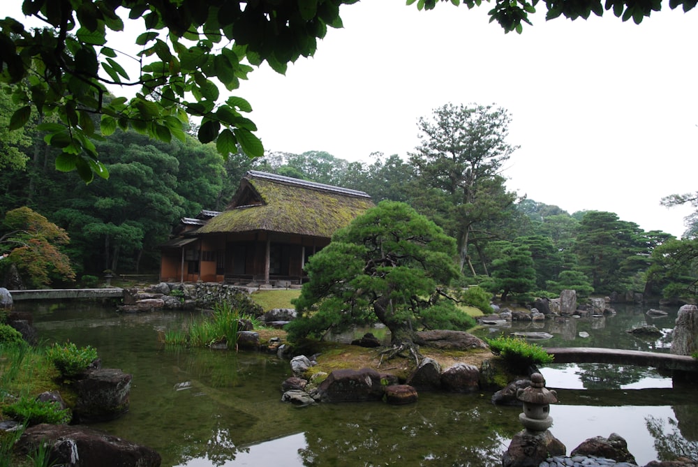 a japanese garden with a pond and a pavilion