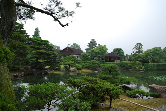 A serene Japanese garden features a traditional wooden building surrounded by lush greenery and meticulously pruned trees. A calm pond reflects the surrounding landscape, creating a tranquil and harmonious atmosphere.