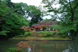 A traditional Japanese house is nestled within a lush garden, surrounded by dense greenery and trees. A tranquil pond reflects the green hues of the foliage. The house features a thatched roof and wooden exterior, blending seamlessly with the natural environment. A person is visible near the edge of the garden, adding a sense of scale.