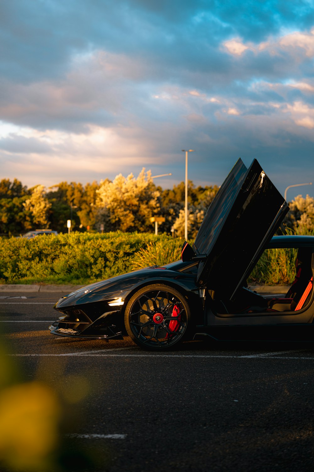 a black sports car with its doors open