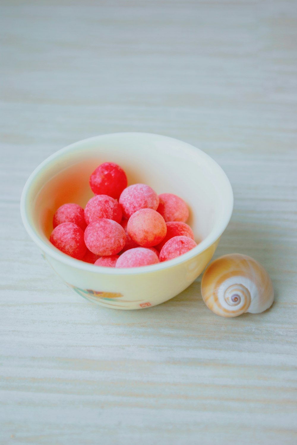 a bowl of raspberries and a shell on a table