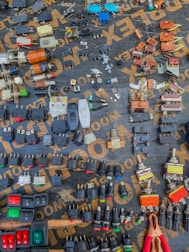 A variety of electrical components are arranged neatly on a dark surface. The components include switches, plugs, connectors, and other hardware, each displaying different colors and forms. The words on the surface, partially visible, seem to be part of a packaging or material brand. An array of colors, shapes, and metal finishes make up the intricate display.