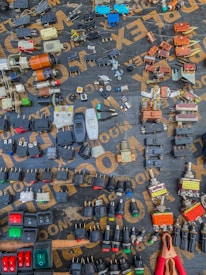 Close-up of Schneider, ABB, and Siemens branded electrical components neatly arranged.