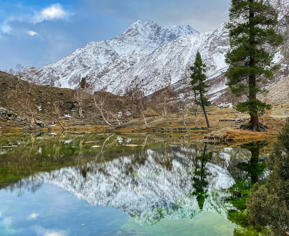 a lake surrounded by mountains and trees