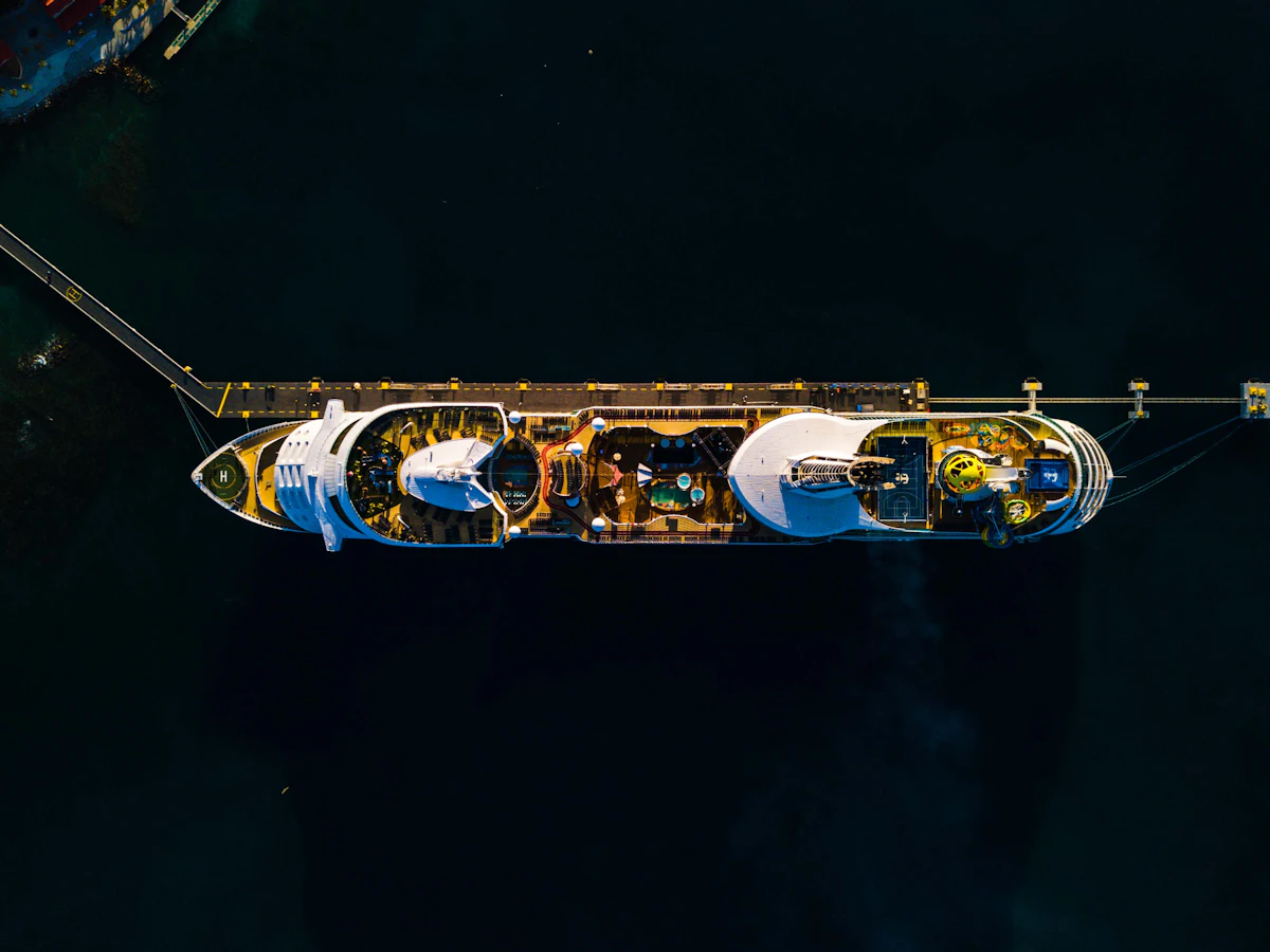 Aerial view of a large cruise ship at sea