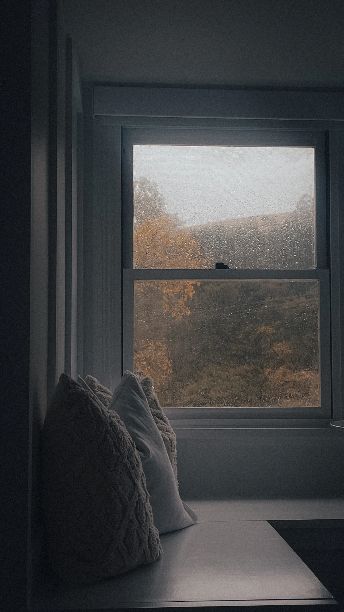 Gemütlicher Sitzplatz mit Kissen an einem regennassen Fenster