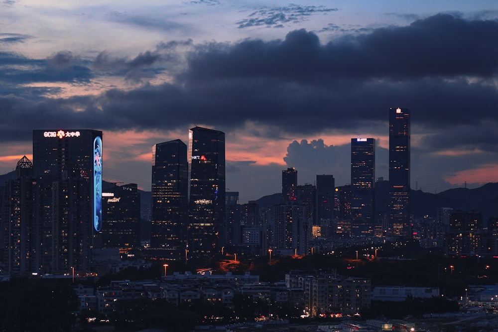 a view of a city skyline at night