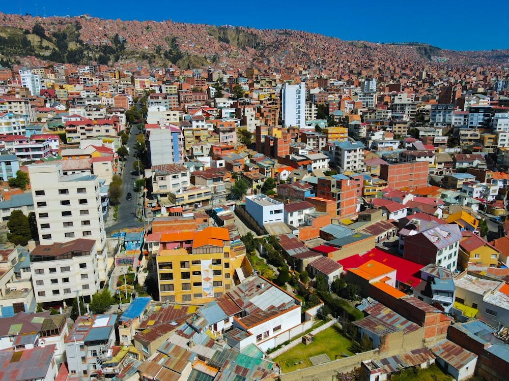 an aerial view of a city with colorful buildings