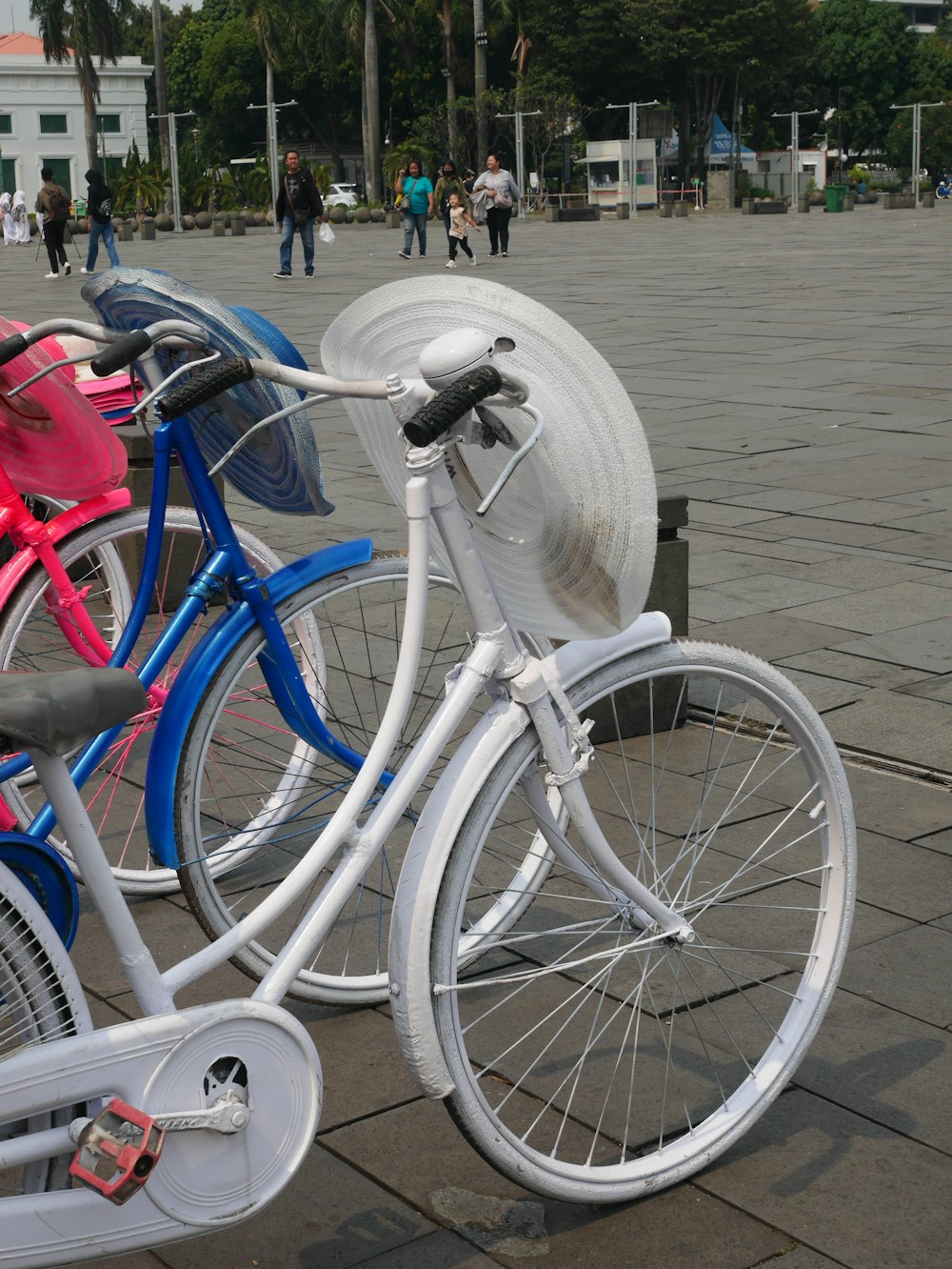 a row of colorful bicycles parked next to each other
