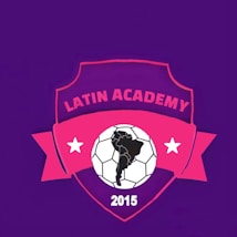 A purple background features a pink emblem with the words 'Latin Academy' at the top. The emblem contains a black outline map of South America overlaid on a soccer ball pattern. Below the map is the year 2015 in white. Two white stars are placed on either side of the soccer ball.