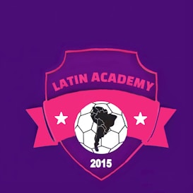 A purple background features a pink emblem with the words 'Latin Academy' at the top. The emblem contains a black outline map of South America overlaid on a soccer ball pattern. Below the map is the year 2015 in white. Two white stars are placed on either side of the soccer ball.