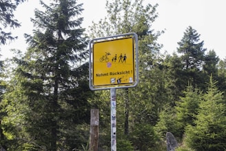 A cautionary traffic sign is displayed prominently against a backdrop of lush greenery and tall trees, conveying a message in German to give consideration to pedestrians and cyclists.