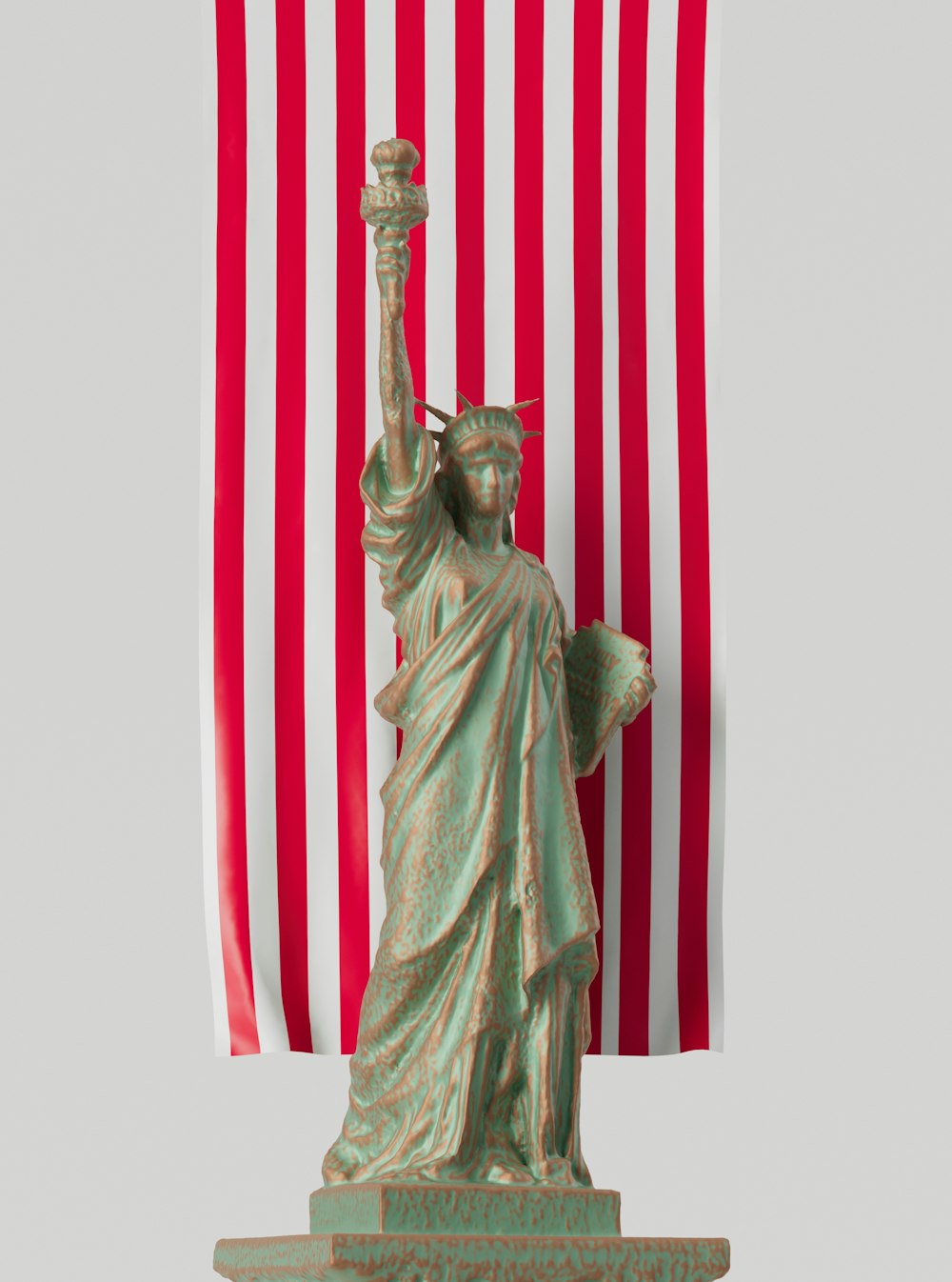 a statue of liberty with a flag in the background