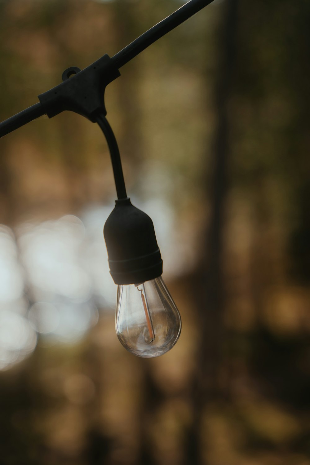 a close up of a light bulb hanging from a wire