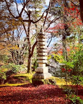 A serene Japanese temple garden with vibrant autumn leaves under a clear blue sky.