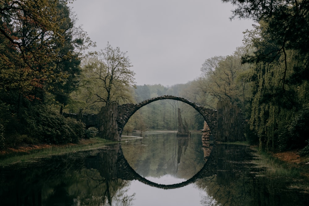 a stone bridge over a body of water surrounded by trees