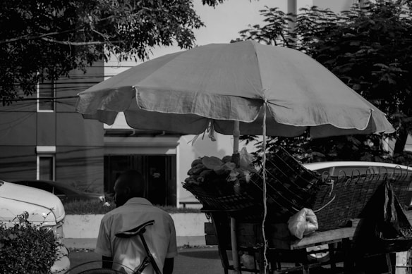 A black and white photo capturing a street scene with a large umbrella shading a vendor's cart. The cart is filled with various items, including a bag that seems to be used for carrying goods. A person stands nearby with their back to the camera, wearing a light-colored shirt and slightly obscured by a bicycle. The backdrop includes vehicles and a building, with tree branches overhanging the scene, casting shadows.