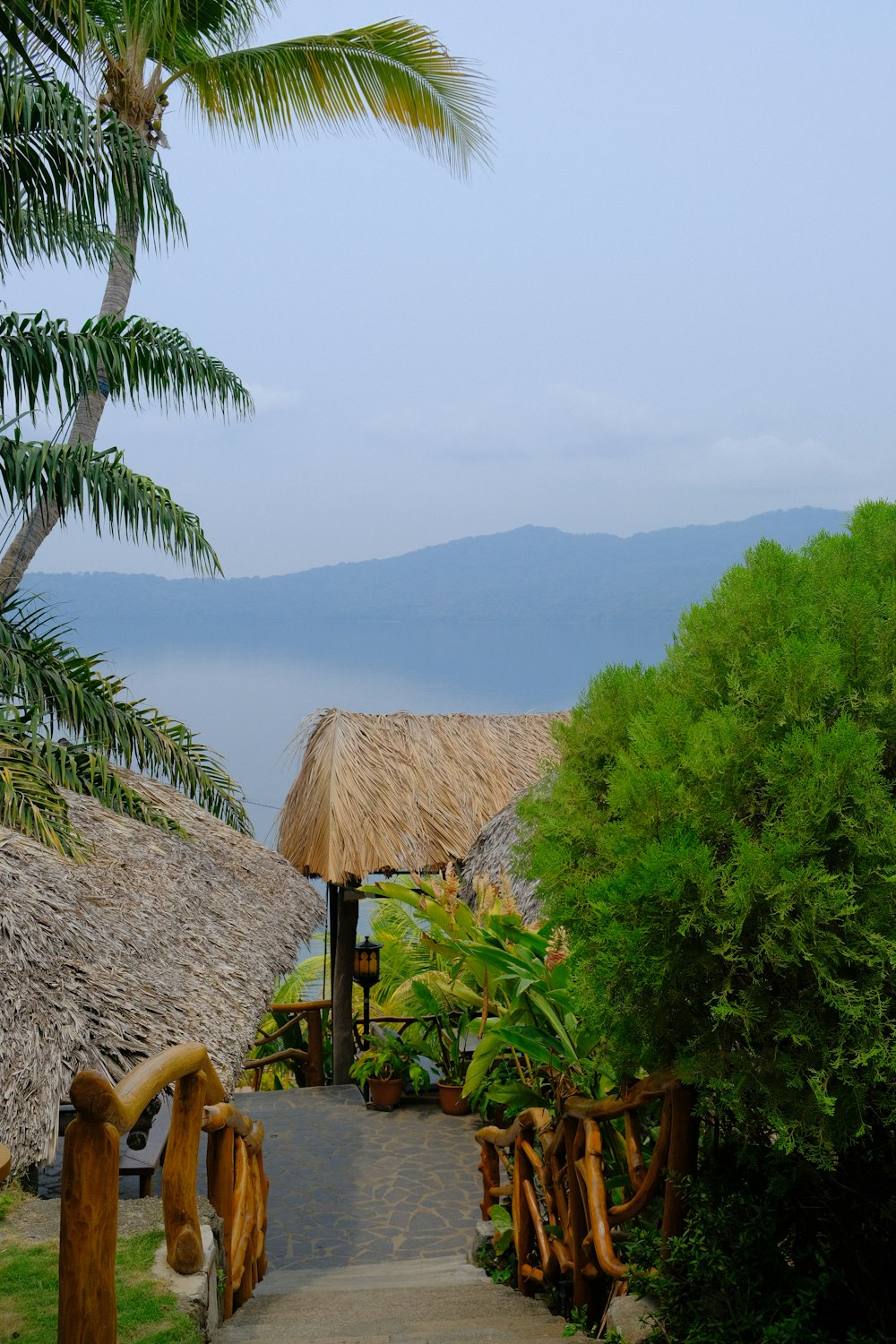 a pathway leading to a thatched roof hut