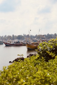 a group of boats floating on top of a lake