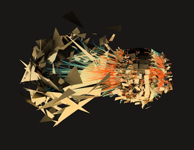 A complex and abstract digital artwork featuring a chaotic arrangement of geometric shapes and forms. The composition includes sharp, angular triangles and rectangles, dynamically interwoven with vibrant streaks of color. These elements create a sense of movement and energy on a dark background.