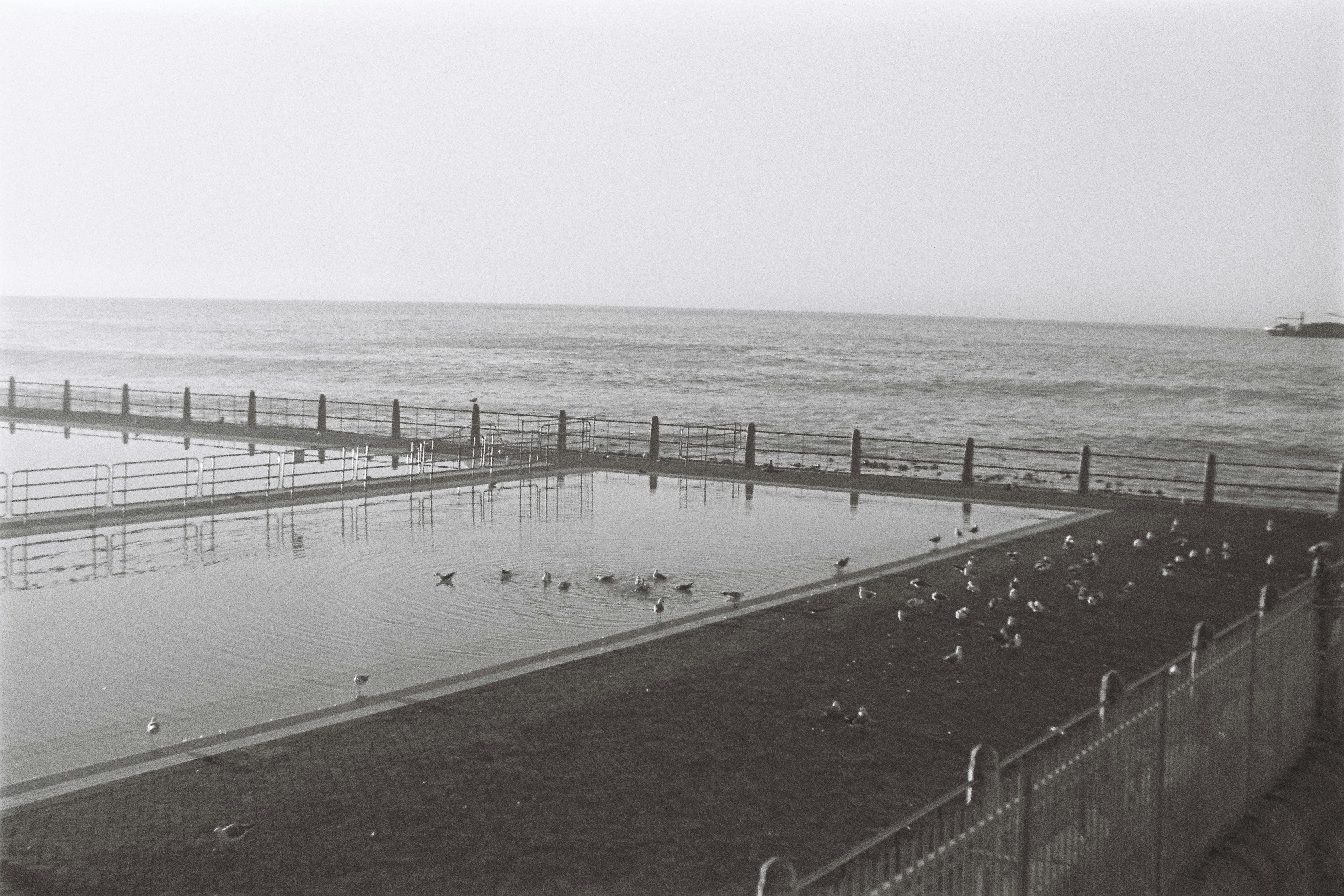 a black and white photo of a large swimming pool