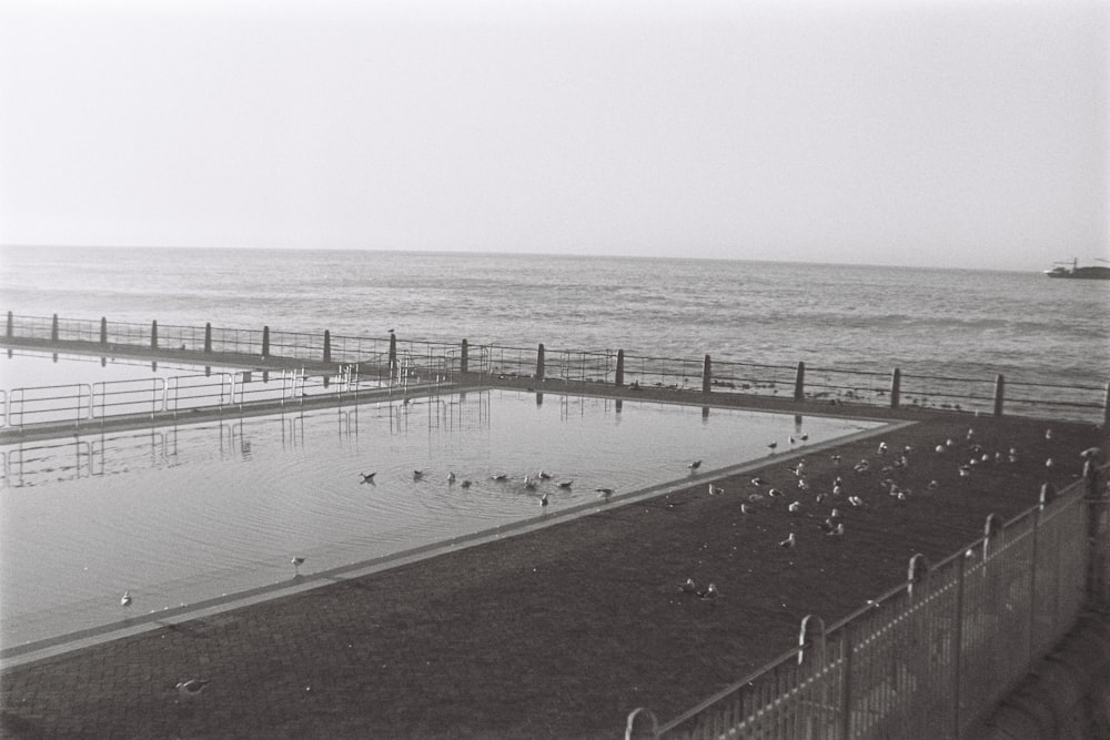 a black and white photo of a large swimming pool