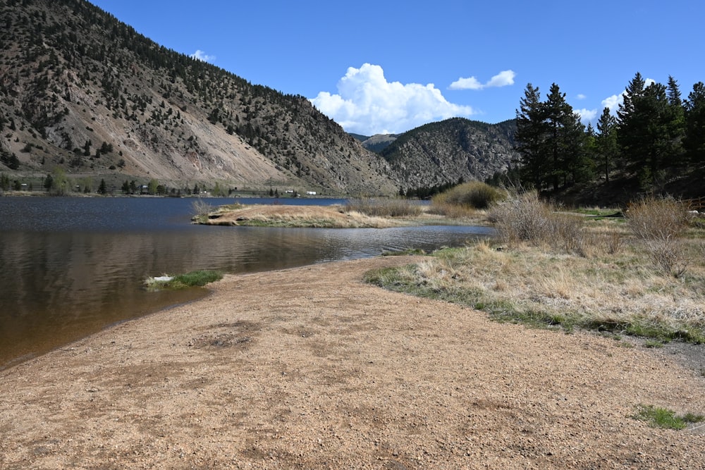 a body of water surrounded by mountains and grass