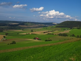 a lush green field with a red house in the distance