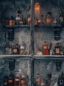 a shelf filled with lots of different types of bottles